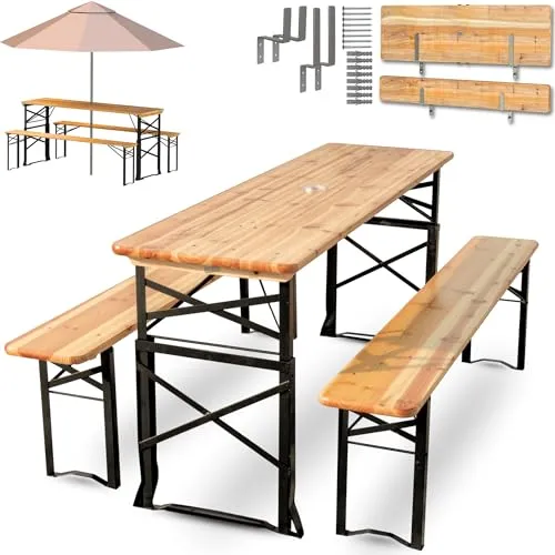 holz4home® Bierzeltgarnitur 3-teilig aus Holz - Klappbar & Höhenverstellbar - Möbelsets für Garten und Feste, klappbar für platzsparende Aufbewahrung und inklusive Wandhalterung mit Flaschenöffner für optimalen Komfort.