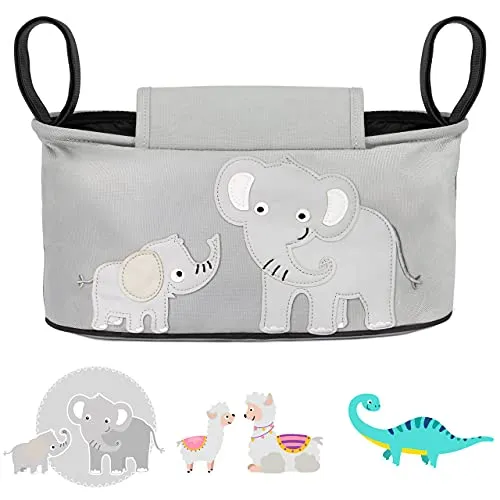 GLÜCKSWOLKE Kinderwagen Organizer - 12 Motive, Kinderwagentasche verschließbar, Kinder Buggy Tasche mit Feuchttuchspender, Aufbewahrungstasche - Pushchair Pram Baby Organiser Elefant Grau