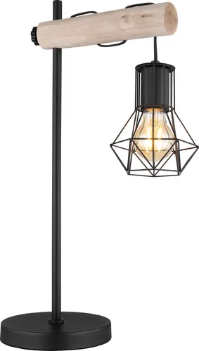 Höhenverstellbare Tischlampe aus Holz und Metall - Tischleuchte für Wohnzimmer und Büro, höhenverstellbar mit E27 Fassung für individuelle Lichtgestaltung und modernes Design in Schwarz und Naturholz.