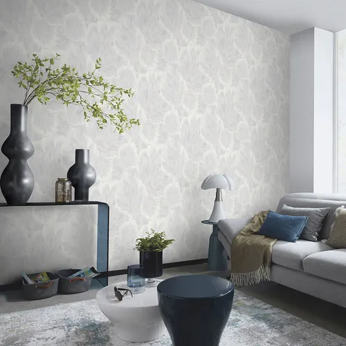Vliestapete Marmoriert Blätter Floral Weiß Creme Metallic 10402-01 (3,71€/1qm)