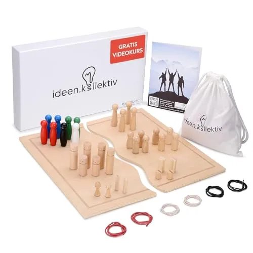 ideen.kollektiv Systembrett Familienbrett - 44 Teile für Coaching und Familienaufstellung, vielseitig einsetzbar mit 34 Figuren aus Holz und Extras, inkl. Handbuch und Aufbewahrungsbeutel