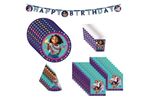 Procos Einweggeschirr-Set 43-tlg. Encanto für Kindergeburtstag - 43-tlg. Partyset für 8 Personen mit FSC-zertifiziertem Geschirr. Ideal für unvergessliche Kindergeburtstage mit buntem Design und praktischen Papptellern, Bechern und Servietten.