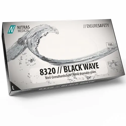 Nitras 8320 BLACK WAVE unsterile, medizinische, lebensmittelgeeignete Nitril-Einmalhandschuhe Farbe schwarz, puderfrei & latexfrei 100 Stück im Spenderkarton Größe L