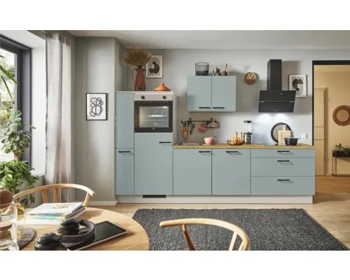 PICCANTE Plus Küchenzeile Marlena 280 cm fjördgrün matt - Moderne Einbauküche ohne Geräte, 280 cm breit und vormontiert, ideal für stilvolle Küchen mit einer Arbeitsplattenstärke von 40 mm.
