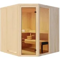 FinnTherm Innensauna Family 194x194x199 cm - Elegantes Design mit Glasfront - Innensauna mit 40 mm Wandstärke und großzügiger Glasfront für flexibles Wohnen. Inklusive 2 Kopfstützen und 2 Saunaliegen aus massiver Linde.