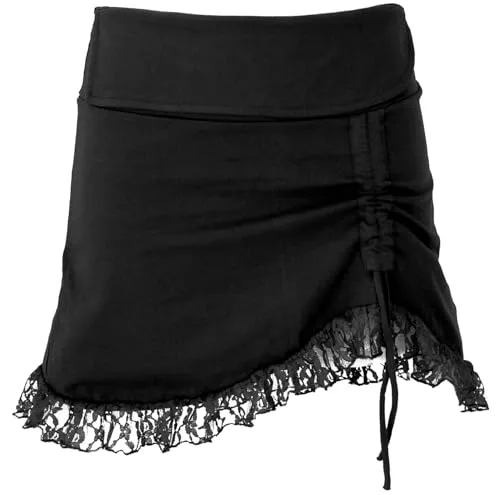 GURU SHOP Boho Minirock mit Spitze - Superkurzer Pixirock für Damen - Stylischer Boho Minirock mit Spitzenakzenten, einseitig raffbar für individuelle Looks. Ideal für Festivals oder im Lagenlook, perfektioniert jedes Outfit.