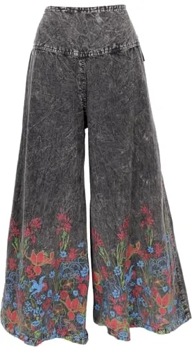 GURU SHOP Palazzohose - Boho Baumwollhose mit Blüten - Damen-Hosen im angesagten Boho-Stil, mit Flower Power Druck und figurfreundlichem, breitem elastischen Bund für optimalen Tragekomfort.