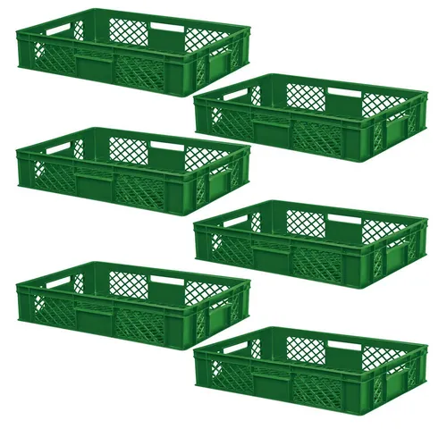BRB-Lagertechnik Stapelbox 6x Eurobehälter, durchbrochen 600x400x150 mm - Stapelbox aus robustem PE-HD Kunststoff, ideal für die hygienische Lagerung und den Transport von Lebensmitteln. Mit optimaler Luftzirkulation und hoher Formstabilität für effiziente Nutzung.