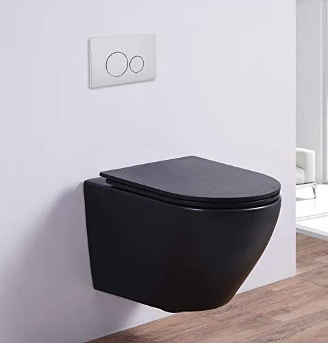 Spülrandloses Wand-WC WHR-446075 - Matt-Schwarz Design - WC-Sitze: Modernes, spülrandloses Wand-WC in matt-schwarz, hygienisch und leicht zu reinigen, mit optimaler Wasserverteilung für perfekte Sauberkeit.
