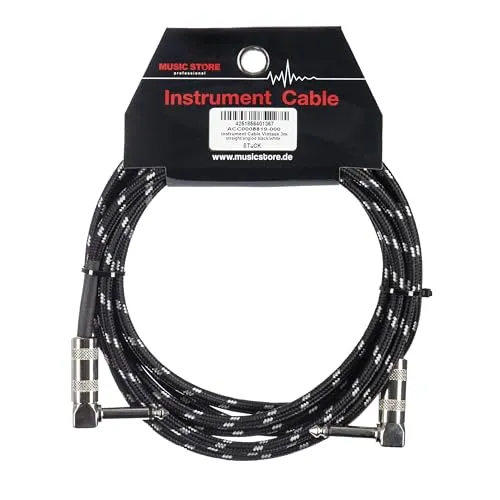 Music Store Vintage Instrumentenkabel 3 m, Nostalgisches PVC-Tweed-Kabel, Winkelklinke zu Winkelklinke, Vernickelte Kontakte, Ideal für Verstärker und Audio-Interfaces, Schwarz/Weiß