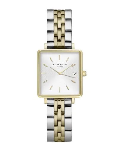 ROSEFIELD Quarzuhr Boxy XS Silber Gold Duo - Elegante Armbanduhr für Frauen mit präzisem japanischen Quarzwerk, silberfarbenem Zifferblatt und wasserdicht bis 3 bar – perfekter Begleiter für jeden Anlass.