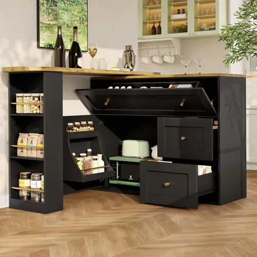 okwish Ausziehbarer Bartisch mit Stauraum – Elegante Kücheninsel in Schwarz - Vielseitiger Bartisch mit elegantem MDF-Design, 2 Klappschubladen und 360° drehbarer Platte – ideal für platzsparende Organisation und stilvolle Gästeempfänge.