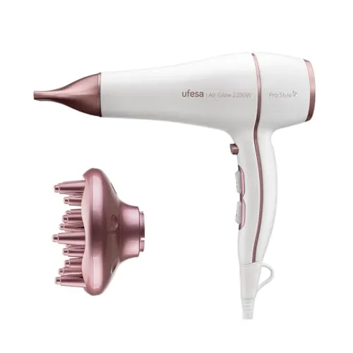 Ufesa Air Glow Professioneller Haartrockner 2200 W - Professioneller Haartrockner mit AC-Motor, 2 Geschwindigkeiten und 3 Temperatureinstellungen. Inklusive Diffusor für Locken und Kaltluftstoß für langanhaltenden Glanz.