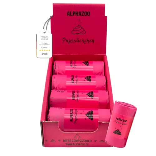 alphazoo Pupssäckchen Kotbeutel 120 Stück Pink - biologisch abbaubare Hundekotbeutel kompostierbar - Gassibeutel reißfest auslaufsicher geruchsdicht - umweltfreundlich - 30 Beutel pro Rolle