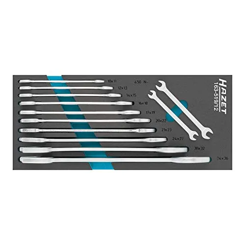 HAZET Doppel-Maulschlüssel-Satz 163-519/12 - Maulschlüssel-Satz mit 12 robusten Doppel-Maulschlüsseln, max. Belastbarkeit 450 Nm, ideal für professionelle Anwendungen und anspruchsvolle Arbeiten.
