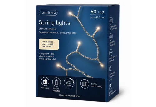 Lumineo LED-Lichterkette, LED Lichterkette 4,4m Basic Batterie 60 LEDs Warmweiß / transparent