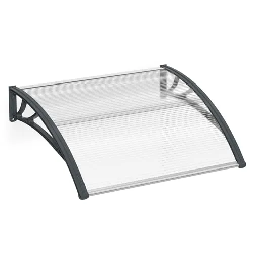 Aufun Vordach für Haustür 120 x 100 cm Haustürvordach Graue Klammer | Pultvordach aus 5 mm Dicke Transparentes Polycarbonat, PP Halterung, Türdach für draußen Pultbogenvordach Überdachung