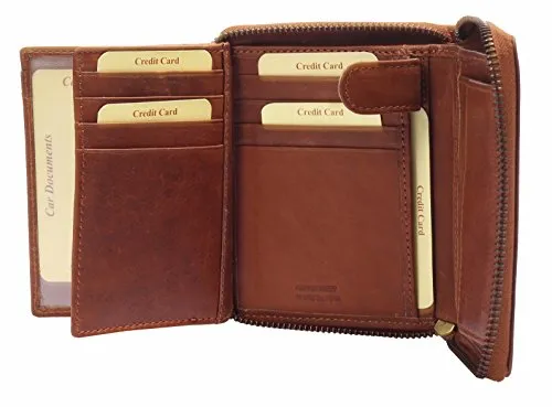 Greenburry Oily Tumbled Reißverschluss Leder Geldbörse 681 - Cognac, handgefertigt aus geöltem Rindsleder mit 9 Kartenfächern und praktischem Münzfach