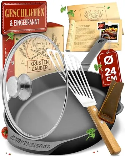 KRUSTENZAUBER Gusseisenpfanne 24cm inkl. Deckel - Pfanne für Induktion und alle Herdarten, ideal für saftige Steaks und knusprige Bratkartoffeln – traditionelles Kocherlebnis mit hoher Qualität und Rezeptvorschlägen.