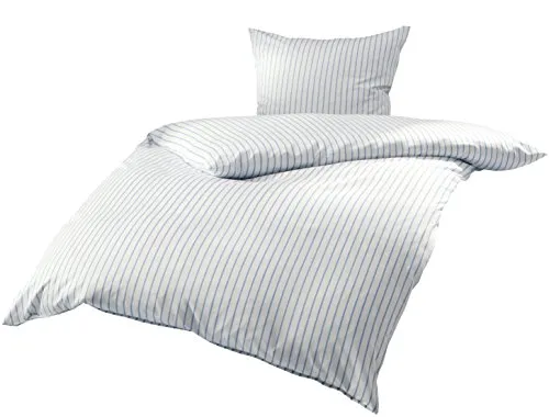 Produktbild Mako Satin Bettwäsche blau weiß gestreift 155x220 + 80x80 cm, 100% Baumwolle mit Reißverschluss