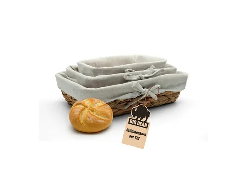 BigDean Brotkorb 3er Set Brötchenkorb Brotkörbchen Brotkorb modern geflochten, Wasserhyazinthe, (Packung, 3-tlg., Brotkörbchen), Flechtkorb, Seegras, Leintuch, Natührlich