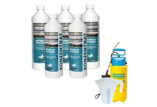 5x Grünbelag Entferner 1L mit Drucksprüher und Messbecher - Grünbelagentferner für alle Oberflächen, tiefenwirksam und selbsttätig. Schützt langanhaltend gegen Neubefall, ideal für Terrassen, Wege und mehr.