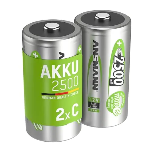 ANSMANN Akku C 2500 mAh NiMH 1,2 V (2 Stück) - Baby C Batterien wiederaufladbar, maxE geringe Selbstentladung für jahrelangen Einsatz, hohe Kapazität für High-Drain-Bereich