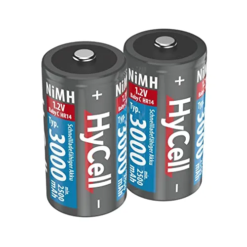 HyCell wiederaufladbar Akku Batterie Baby C Typ 3000mAh NiMH ohne Memory-Effekt 2er Pack Photo Fotoakku Digitalkamera Spielzeug-Akku
