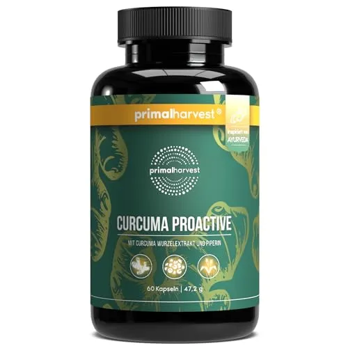 Produktbild Primal Harvest Curcuma Proactiv 60 Kapseln mit 95 % Curcuminoide und BioPerine, laborgeprüft, vegan