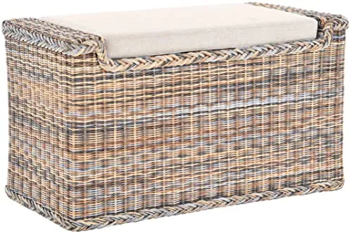 Wäschesortierer mit Sitzbank aus echtem Rattan - Mehrfarbig Zebra - Wäschekorb mit 3 Fächern und Sitzfunktion, aus hochwertigem Rattan und massivem Holzrahmen, ideal für Flur, Küche und Bad, inklusive abnehmbaren Inletts.