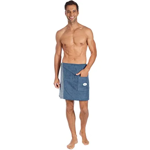 Egeria Kilt Ben - Kurzform Walkfrottee für Sauna & Spa - Bademäntel aus 100% Baumwolle, ideal für Sauna und Spa, pflegeleicht und trocknergeeignet, mit Knöpfen und stilvollem Streifen-Akzent in blau.