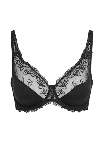 Hunkemöller Unwattierter Bügel-BH Diva - Schwarz - 85B - Eleganter unwattierter Bügel-BH mit durchgehendem Stoff und semitransparenter Spitze. Die Cups sind mit einem stilvollen Blumenmuster verziert und bieten perfekten Halt. Kombiniere ihn mit dem passenden Diva-Slip für ein komplettes Set.