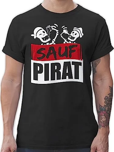 T-Shirt Herren - Party & Alkohol - Sauf Pirat - weiß/rot - XL - Schwarz - saufshirt Shirts männer,Alkohol Alki Saufen Tshirt Karneval Shirt Tshirts Trinken saufgeschenk Piraten Funshirt