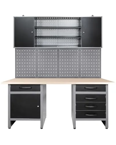 Werkstatteinrichtung 160 cm Werkbank mit Werkzeugschrank und Lochwand - Praktische Montagewerkbank mit höhenverstellbaren Füßen, abschließbarem Werkzeugschrank und vielseitig einsetzbarer Lochwand. Ideal für den professionellen Einsatz und eine effiziente Organisation in Ihrer Werkstatt.