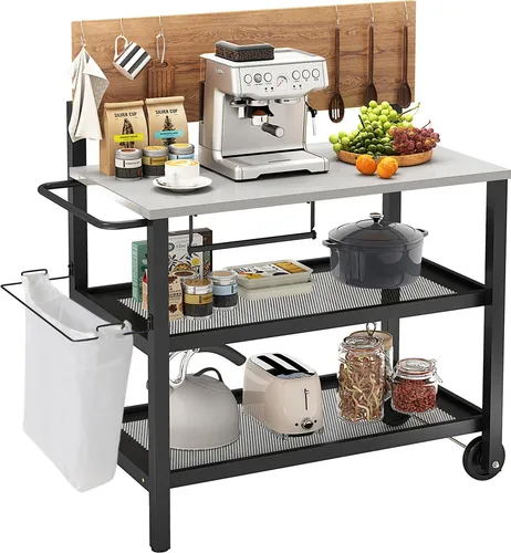 GOPLUS Servierwagen mit klappbarer Tischplatte – 3-stufiger Grillwagen für Outdoor - Optimieren Sie Ihr Grillerlebnis mit unserem multifunktionalen Servierwagen. Er bietet 3 Ebenen, 6 Haken und einen praktischen Papierhandtuchhalter für beste Organisation und Mobilität.