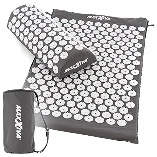 MAXXIVA Akupressurmatte Set 75 x 42 cm mit Kissen mit Tragetasche Yantramatte Fakirmatte Durchblutung Massage (Grau)