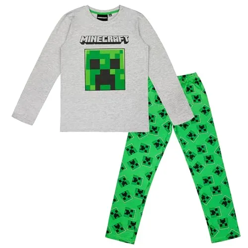 Minecraft Schlafanzug Creeper für Jungen, grau, Größe 146 - Bequemer Langarm-Pyjama aus 100% Baumwolle mit coolem Creeper-Design – ideal für entspannte Nächte und gemütliche Tage.