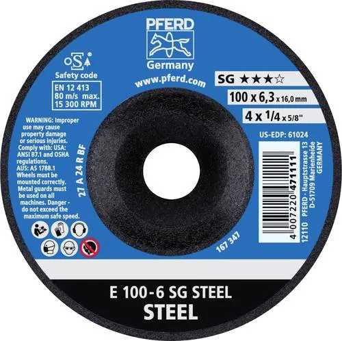 PFERD 62210626 E 100-6 SG STEEL Schruppscheibe - Zubehör für Elektrowerkzeug, ideal für Stahlbearbeitung mit hoher Schleiffreudigkeit und langer Standzeit für effizientes Arbeiten.