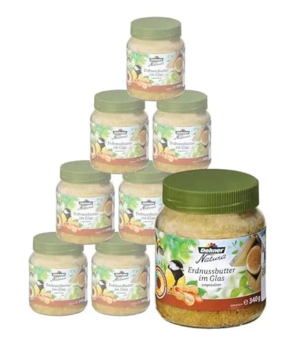 Dehner Natura Premium Erdnussbutter für Wildvögel, 8 x 340 g - Energiegeladenes Ergänzungsfutter für Wildvögel im 8er Set. Die ungesalzene Erdnussbutter versorgt Ihre gefiederten Gäste mit wertvollen Nährstoffen, ideal für ganzjährige Fütterung.