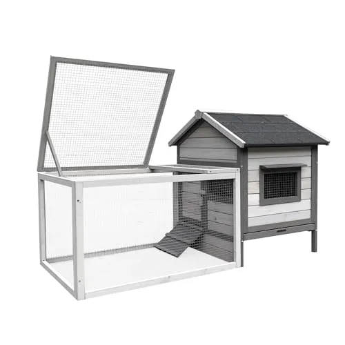 Wiltec Hasenstall hellgrau mit Freilaufgehege - Kleintiergehege für draußen mit zwei Ebenen, bietet großzügigen Platz und artgerechte Haltung für Ihre Kaninchen, inklusive einfacher Reinigung durch herausziehbare Kotwanne.