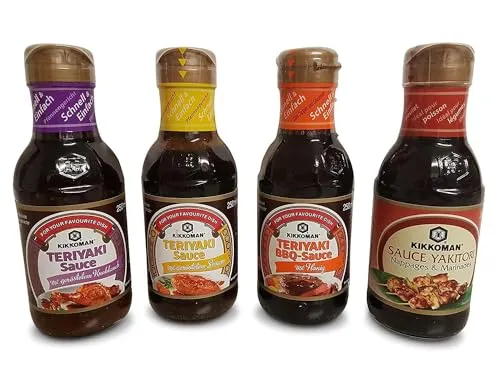 Japanische Teriyaki Sauce Set, 4 x 250ml Glasflasche - Barbecuesauce Set mit geröstetem Sesam, Knoblauch, BBQ mit Honig und Yakitori Marinade - ideal für gegrillte Hähnchenspieße und mehr!