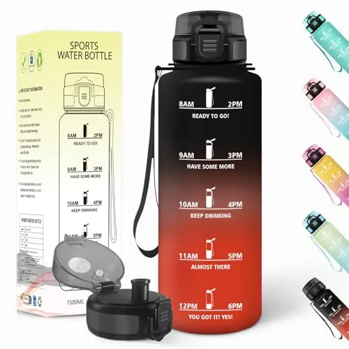 Baramumu Trinkflasche 1 5 liter, Auslaufsicher, Trinkflasche Kohlensäure Geeignet, Mit Zeitstempel, Wasserflasche, Sportflasche, für Yoga, Fahrrad, Fitness, Gym, Schwarz-Rot