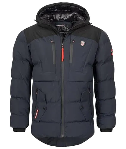 Geo Norway Herren Winterjacke Steppjacke mit Kapuze blau S - Funktionsjacke für kalte Tage, aus 100% Polyester, mit praktischer Kapuze und sportlichem Design für optimale Wärme und Komfort.