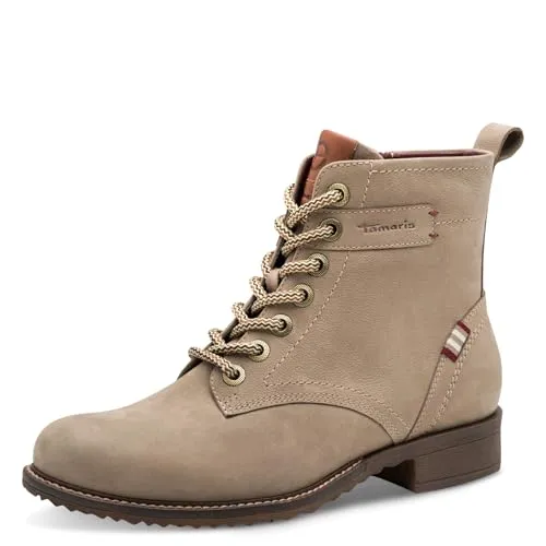 Schnürboots TAMARIS Damen Gr. 41 - Grau (Taupe) - Wanderschuhe, elegante Schnürstiefelette aus Leder und Textil mit komfortablem Blockabsatz und gepolsterter Innensohle für besten Tragekomfort.