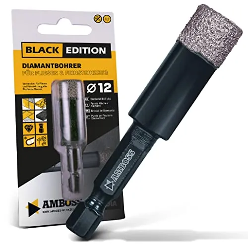 Fliesenbohrer Ø 12 mm/Sechskant Aufnahme - Amboss Black Edition Diamantbohrer - Fliesen/Feinsteinzeug/Keramik/Granitplatten - passend für Bohrmaschine/Akkubohrer