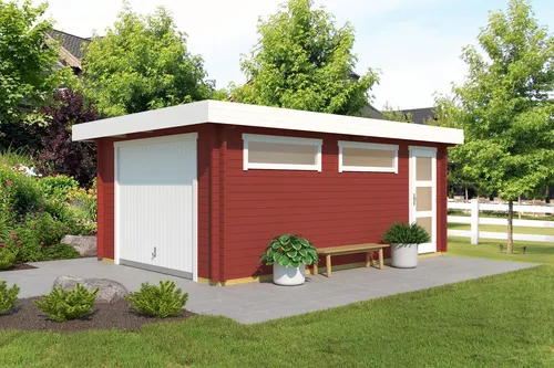 Garage Pultdach 44 mm Canberra mit Schwingtor rot 422x600 cm - Gartenhaus mit 18,66 m² Nutzfläche, abschließbarem Schwingtor und zwei Einzelfenstern für optimale Belüftung. Ideal für Ihre Gartengeräte und Fahrzeuge.