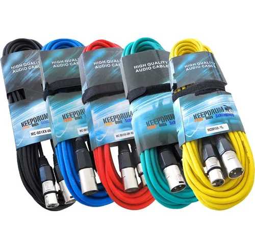 keepdrum MC-001XX 6m Mikrofonkabel Set XLR Farben 5 Stück - HiFi-Kabel 5er Set mit 6m Länge, ideal für Musiker und Tontechniker, inklusive praktischen Klett-Kabelbinder für einfache Organisation.