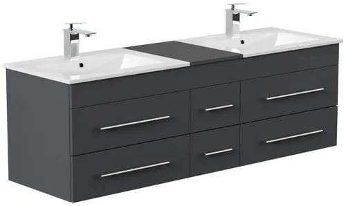 Badmöbel Nero XL in Weiß Hochglanz - Elegantes Badezimmermöbel mit 6 Soft-Close-Schubladen und 2 großzügigen Keramik-Waschbecken. Die pflegeleichte, hochglänzende Oberfläche sorgt für zeitlose Schönheit und Funktionalität.