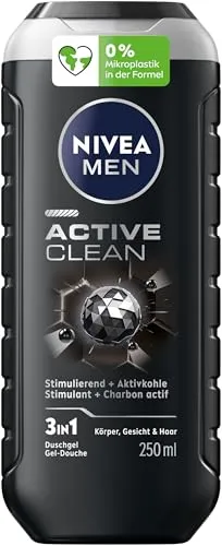 NIVEA MEN Active Clean Duschgel, pH-hautneutrale Pflegedusche für Männer mit stimulierendem Duft, Formel mit Aktivkohle für Körper, Gesicht und Haar (250 ml)