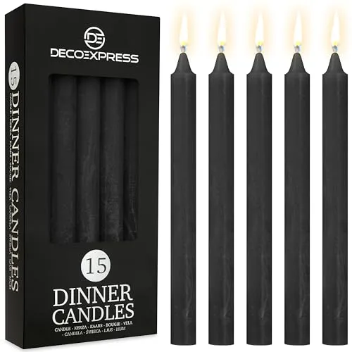 DECO EXPRESS Stabkerzen Kerzen Set 15er Pack Handgemachte Rustik Kerzen Geruchslos Lange Brenndauer bis zu 9 Stunden Tropffreie Tafelkerzen (Schwarz - 15er Pack)